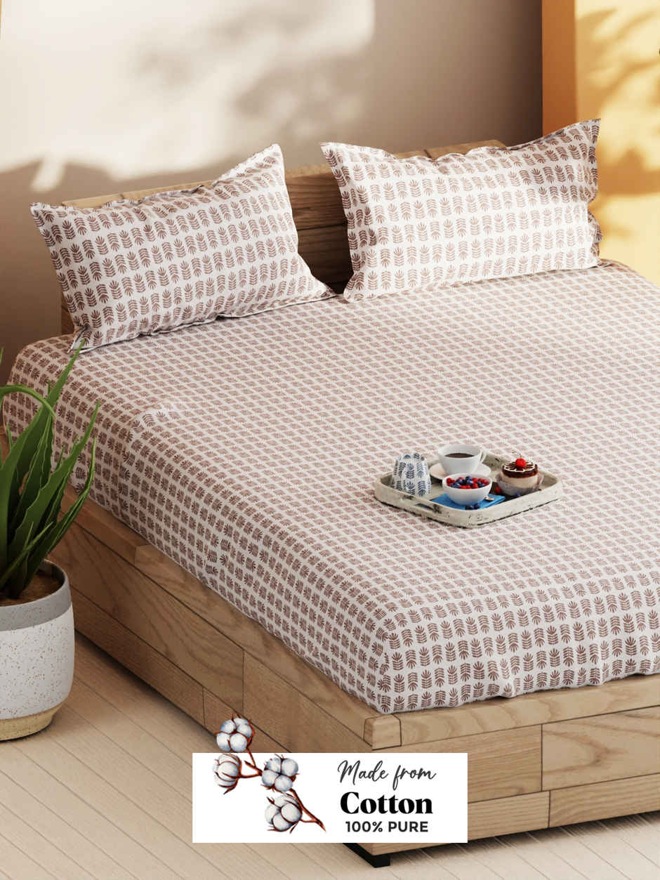 Bianca Soft 100% Natural Cotton Double Bedsheet With 2 Pillow Covers | Laquasa Floral | Brown &Ecru