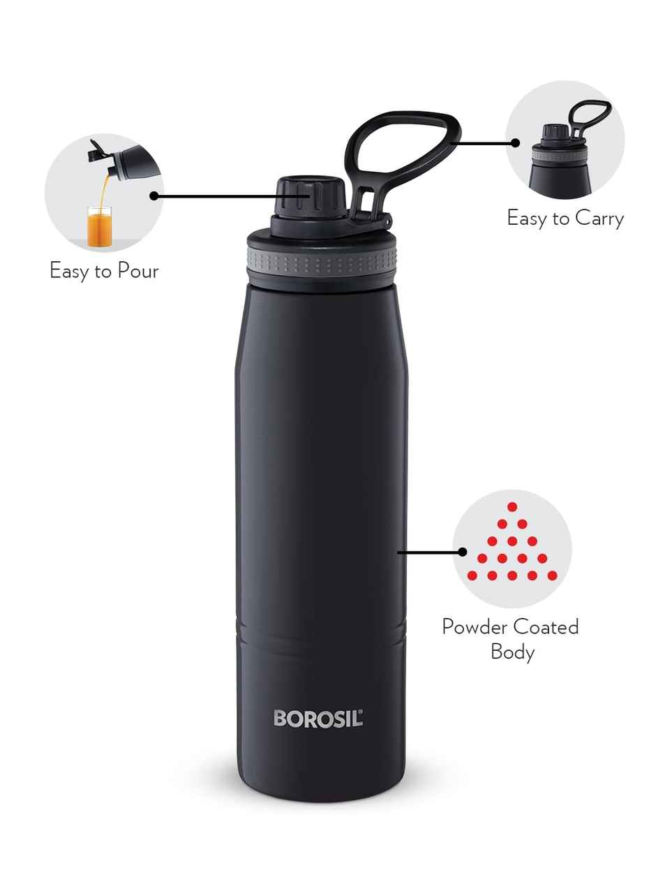 Borosil GoSports Stainless Steel Wate Bottle - 900 ml | Black | Double Wall Vacuum Insulated Flask