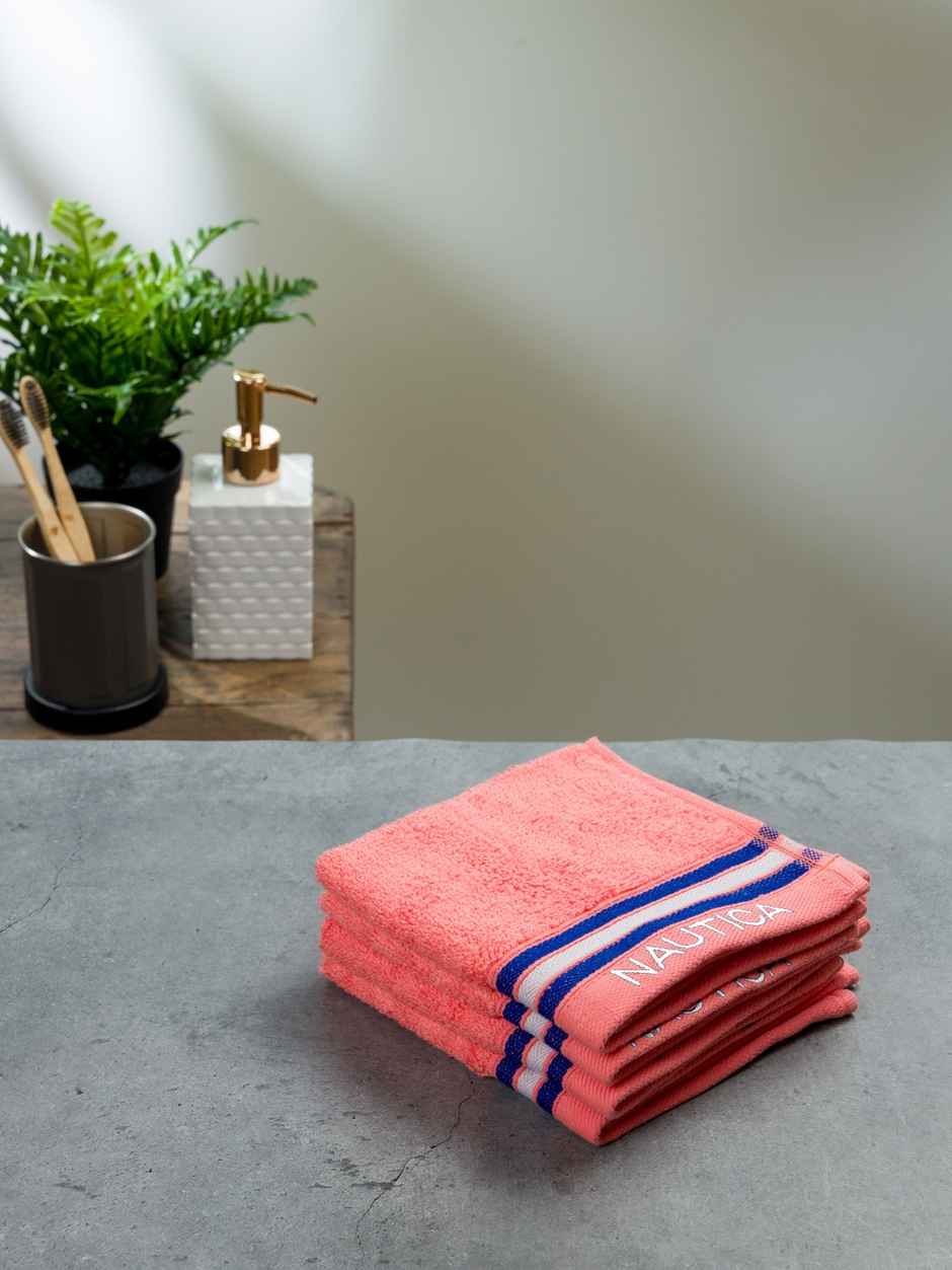 Nautica Super Soft Zero Twist 100% Cotton Towel -4pc Face Towel | Vintage Crew Stripe Solid-Coral