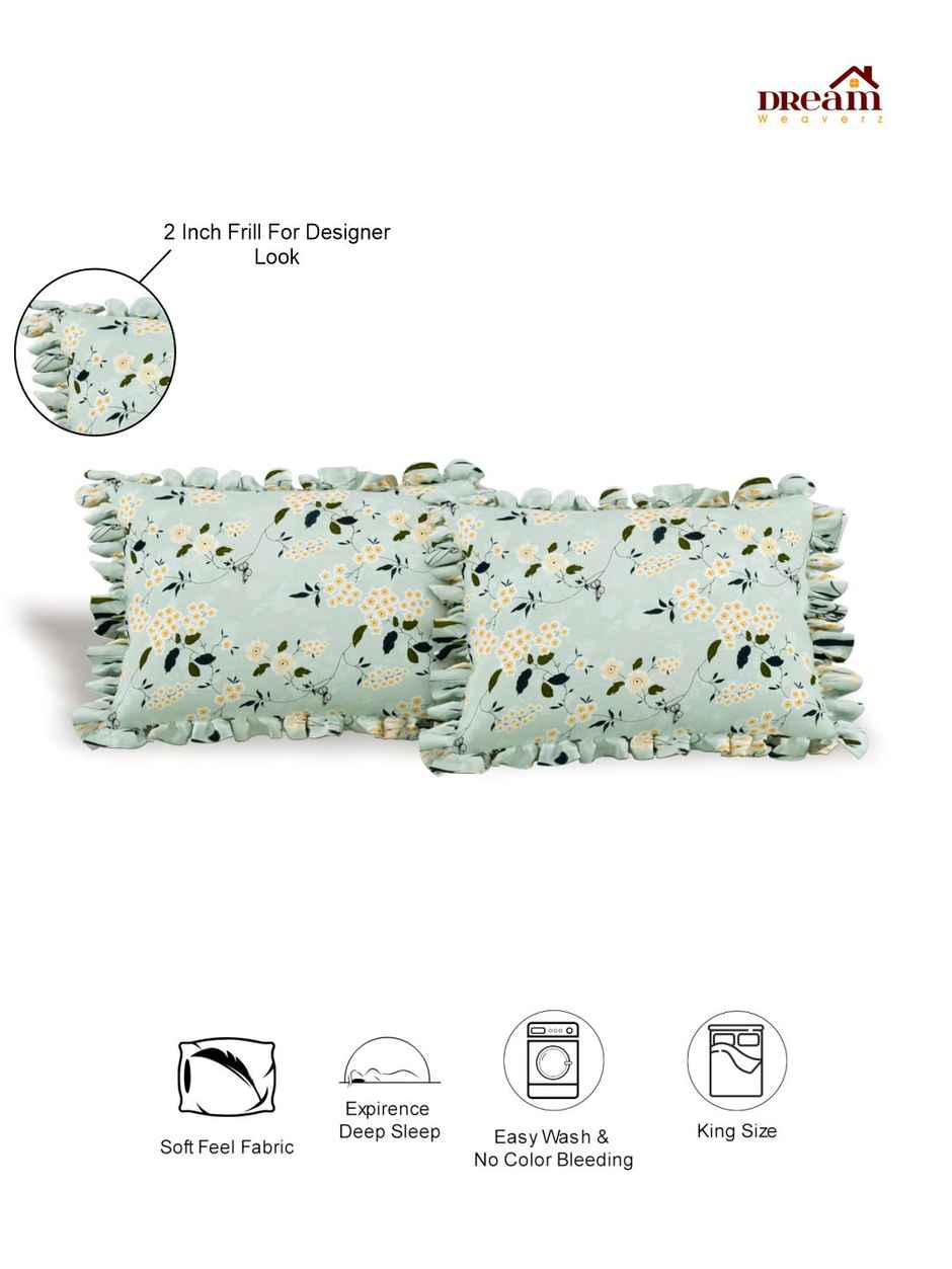 DREAM WEAVERZ Elastic Fitted Double Bedsheet | 2 Frill Pillow Covers | Polycotton | Light Green