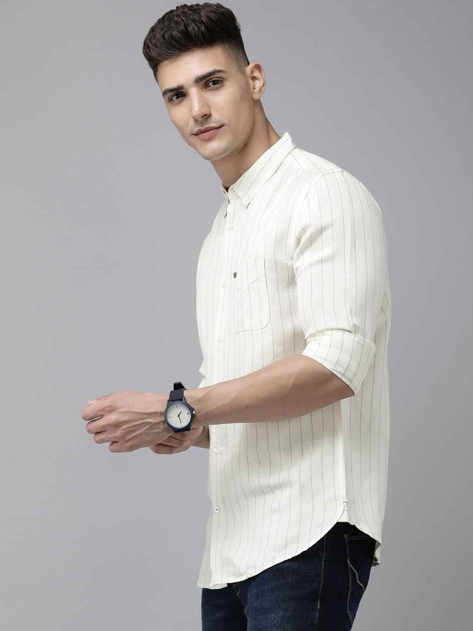 The Bear House Men Vertical Striped Slim Fit Cotton Linen Casual Shirt | Style - Wydal | White - XL