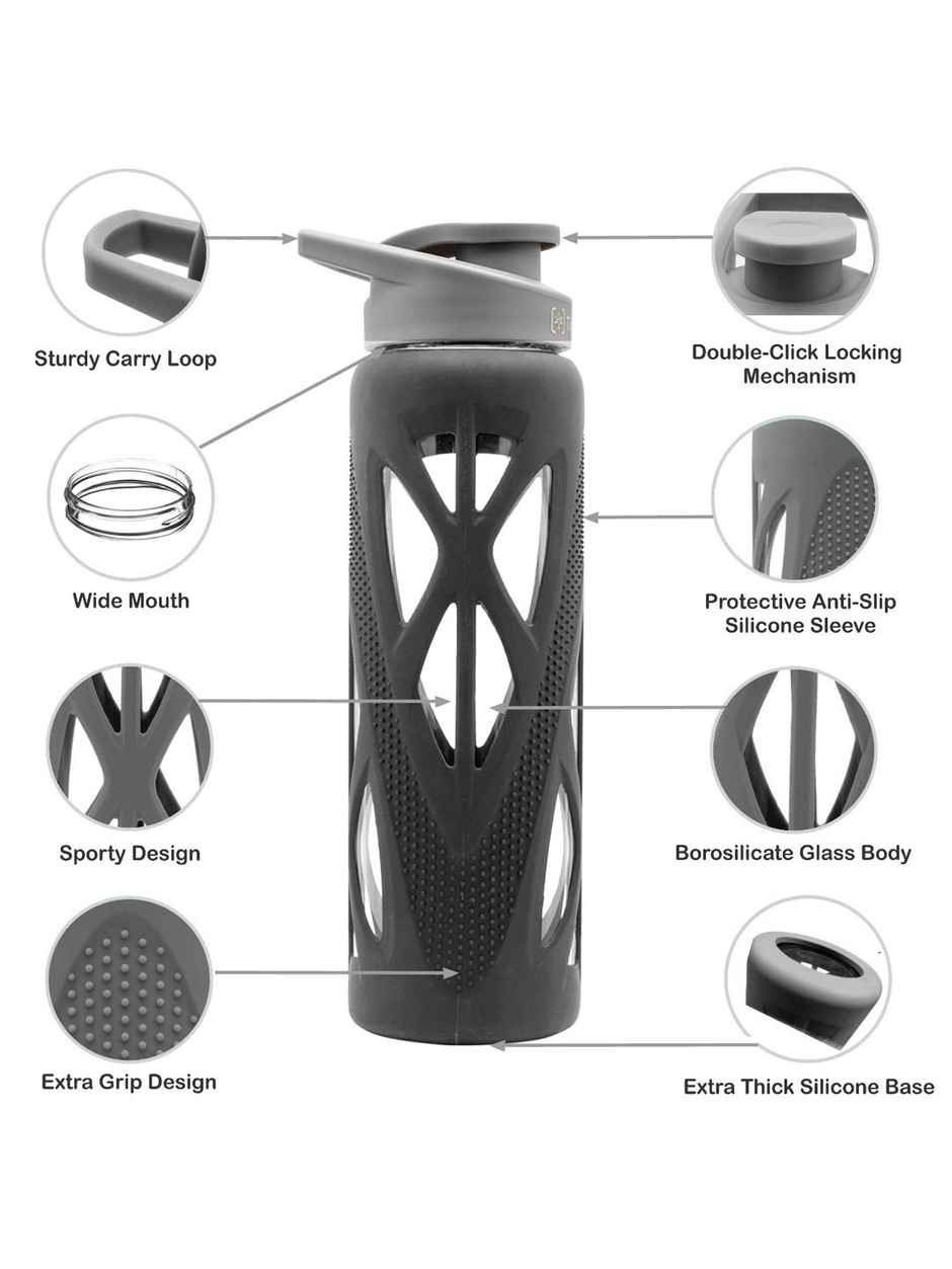 Tintbox Borosilicate Glass Water Bottle with Silicone Sleeve | Lightning Grey | 750 ml