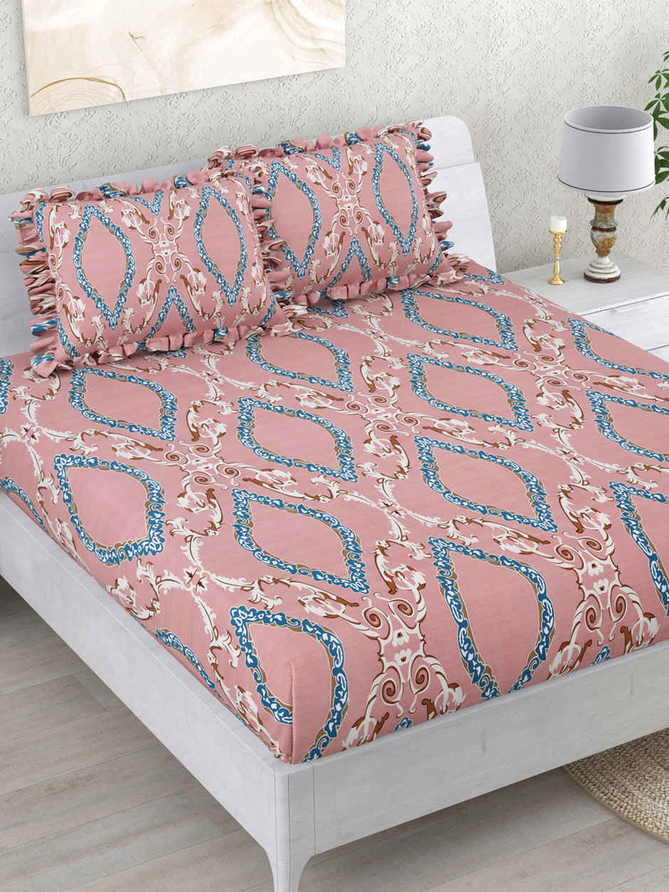 DREAM WEAVERZ Elastic Fitted Double Bedsheet | 2 Frill Pillow Covers | Polycotton | Pink