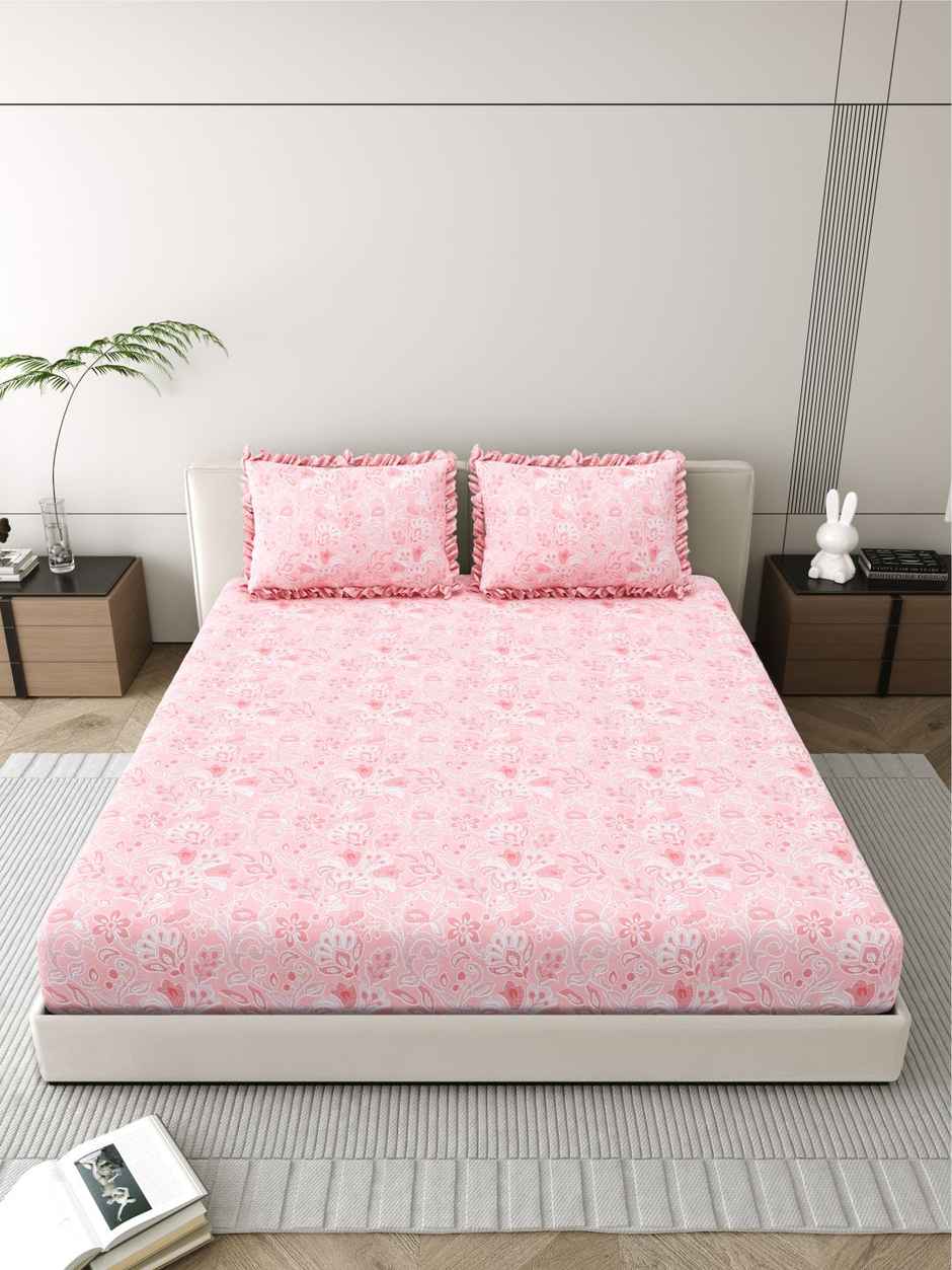 DREAM WEAVERZ Elastic Fitted Double Bedsheet | 2 Frill Pillow Covers | Polycotton | Pink