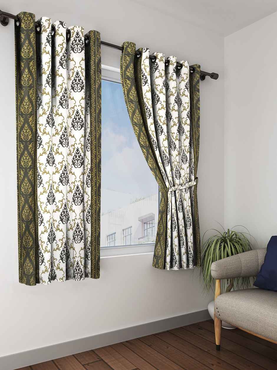 Cortina Olive Green & Cream-Coloured Set of 2 Ethnic Motifs Window Curtains