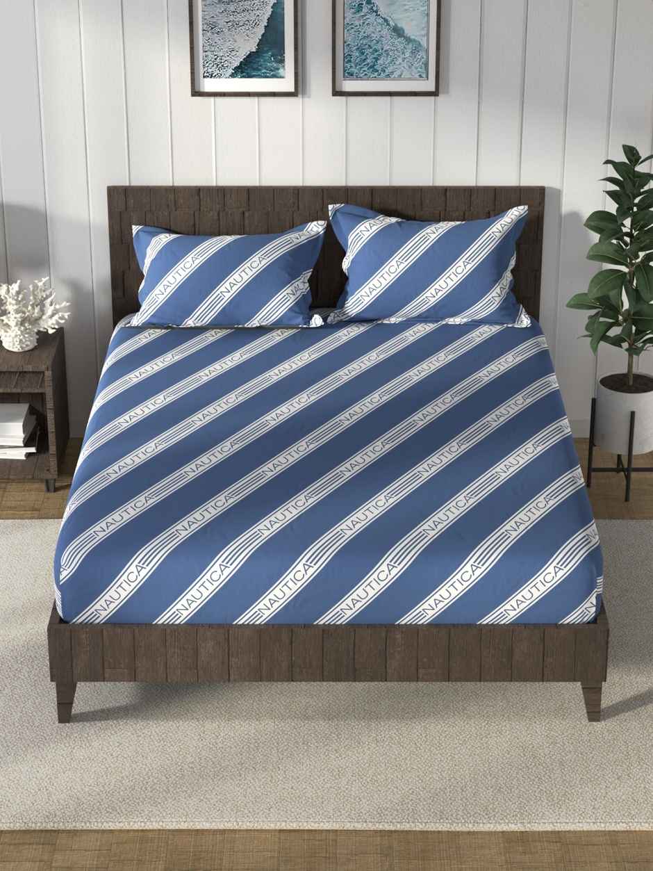 NAUTICA 100% Premium Cotton King Bedsheet With 2 Pillow Covers | Noridge Stripe | Blue