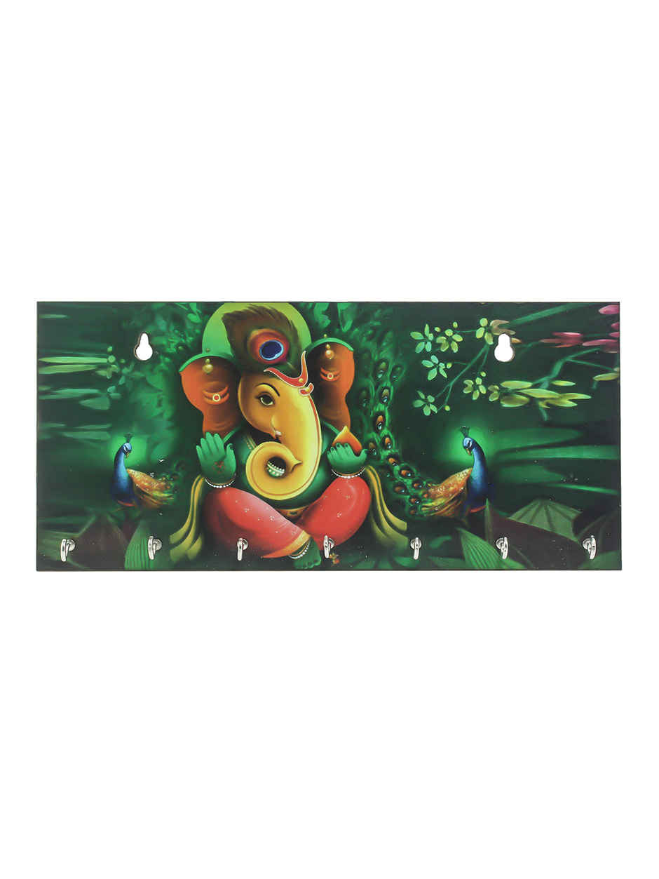 eCraftIndia Lord Ganesha With Peacock Designer Wooden Key Holder With 7 Hooks For Wall