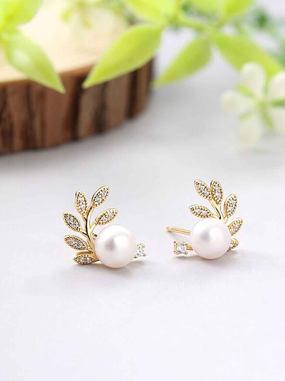 Yellow Chimes Gold Tone Leaflet Designed Pearl Studded Earrings for Women