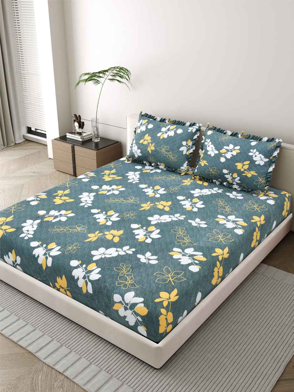 DREAM WEAVERZ Elastic Fitted Double Bedsheet | 2 Frill Pillow Covers | Polycotton | Grey
