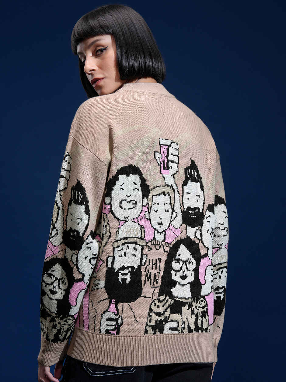 Tokyo Talkies Women's Round Neck Jacquard Printed Sweater | Warm Taupe - S