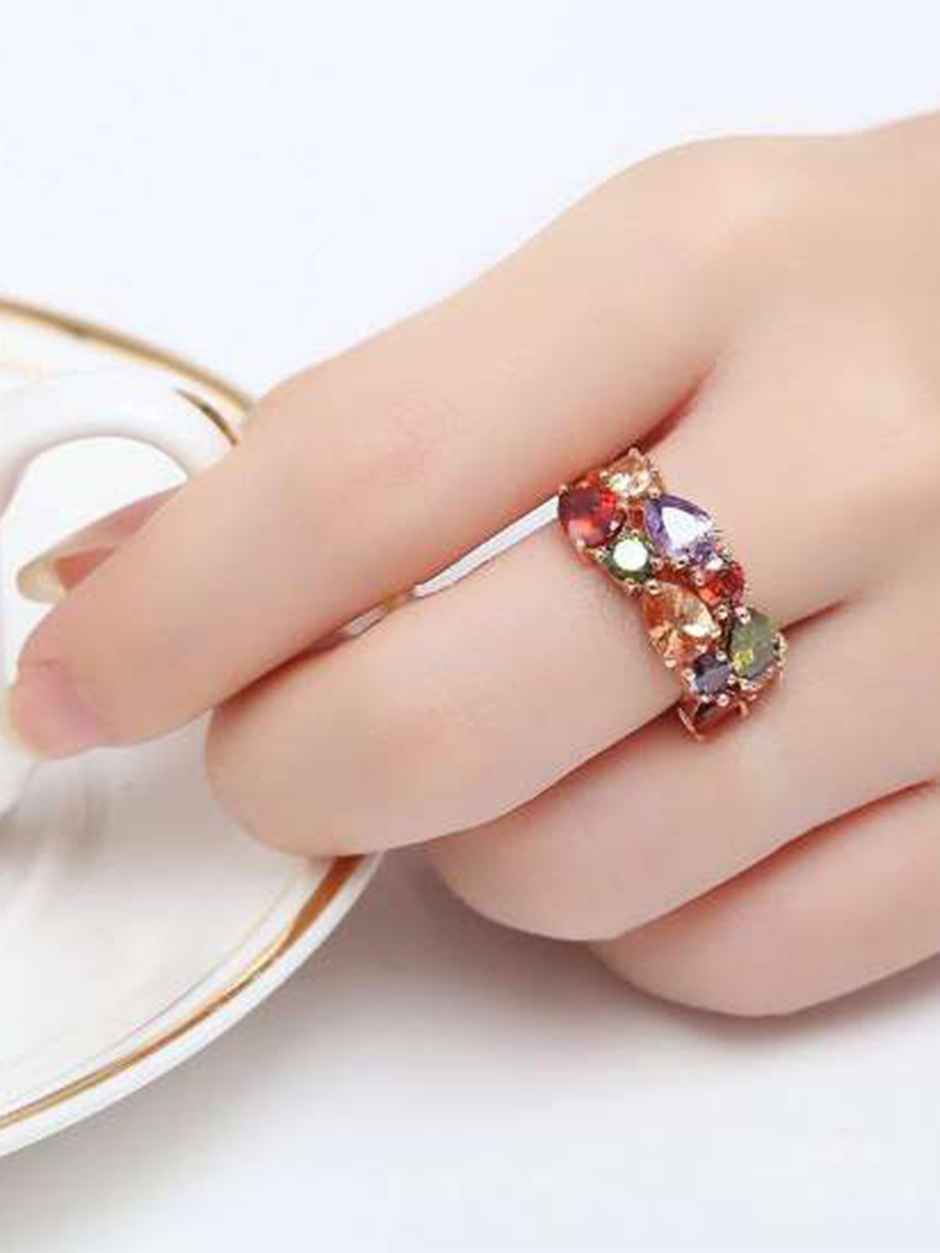 YouBella Rose Gold Plated Solitaire AAA Multicolor Crystal Ring for Women & Girls (YBRG - 20033)