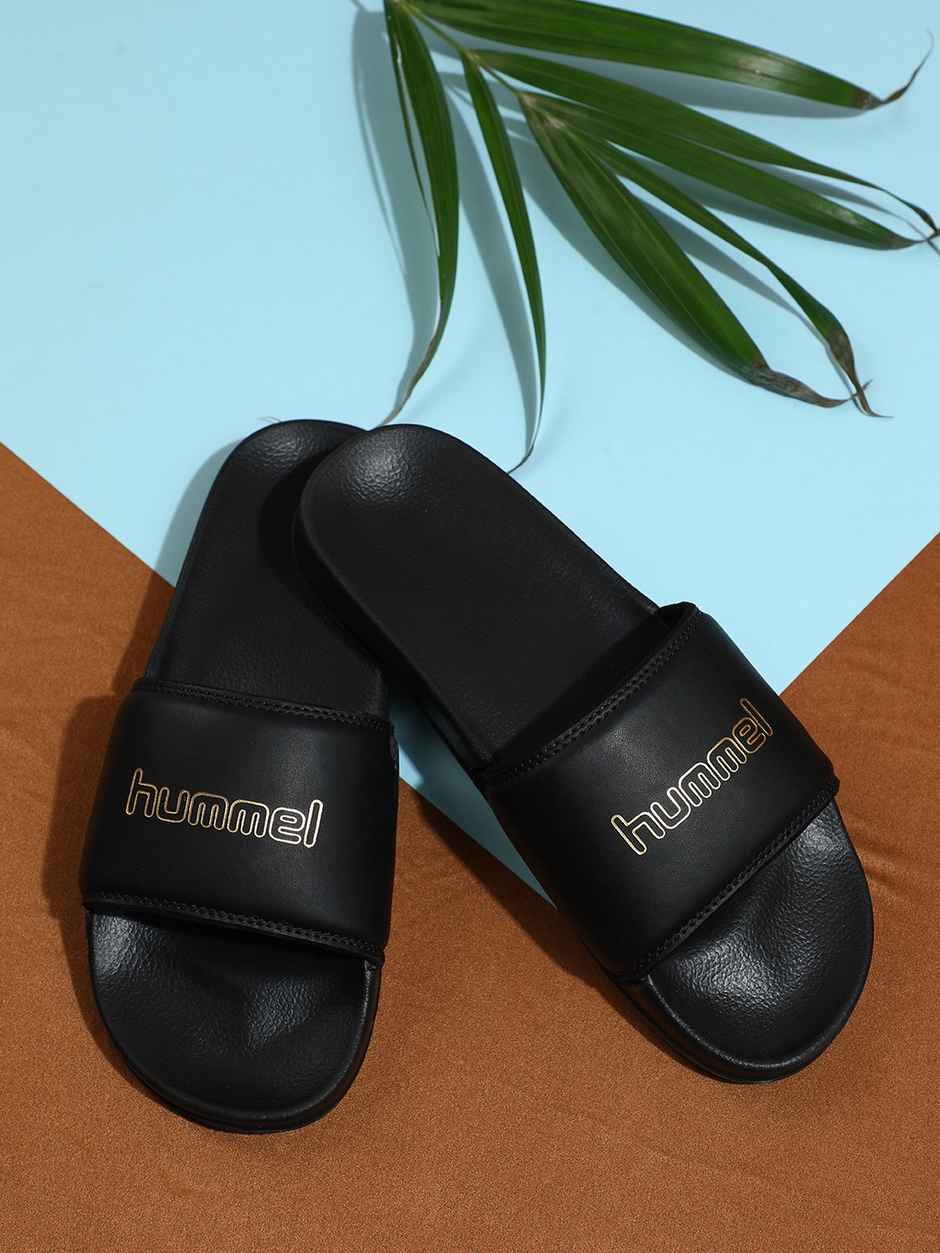 hummel Classic lightweight slides for Men with Cushioned Sole and Arch Support | Black & Gold | 9