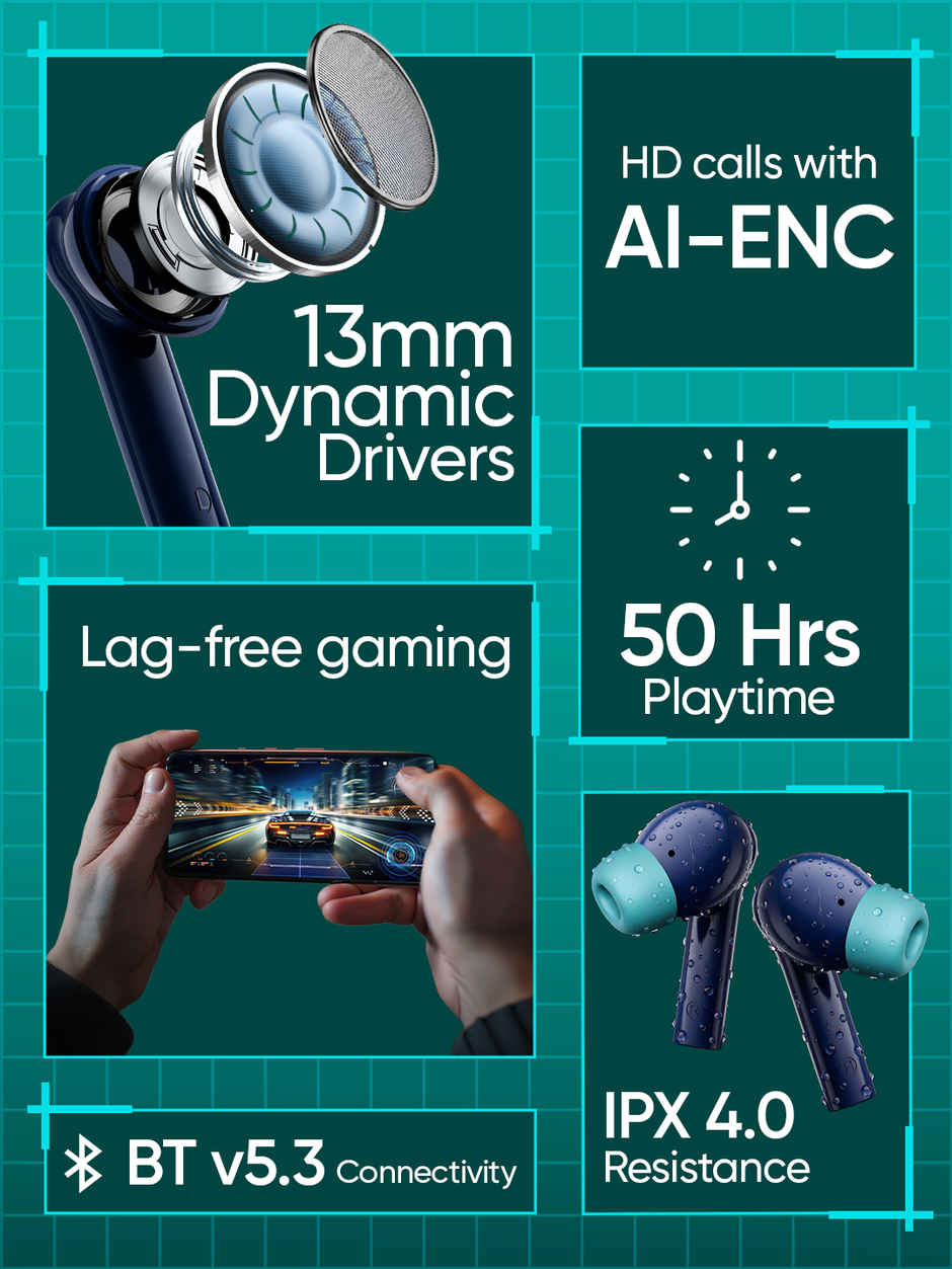 Mivi DuoPods Maxx TWS, 13mm Bass, 50H Playtime, AI ENC Calls, Gaming Mode, BT 5.3, Type C