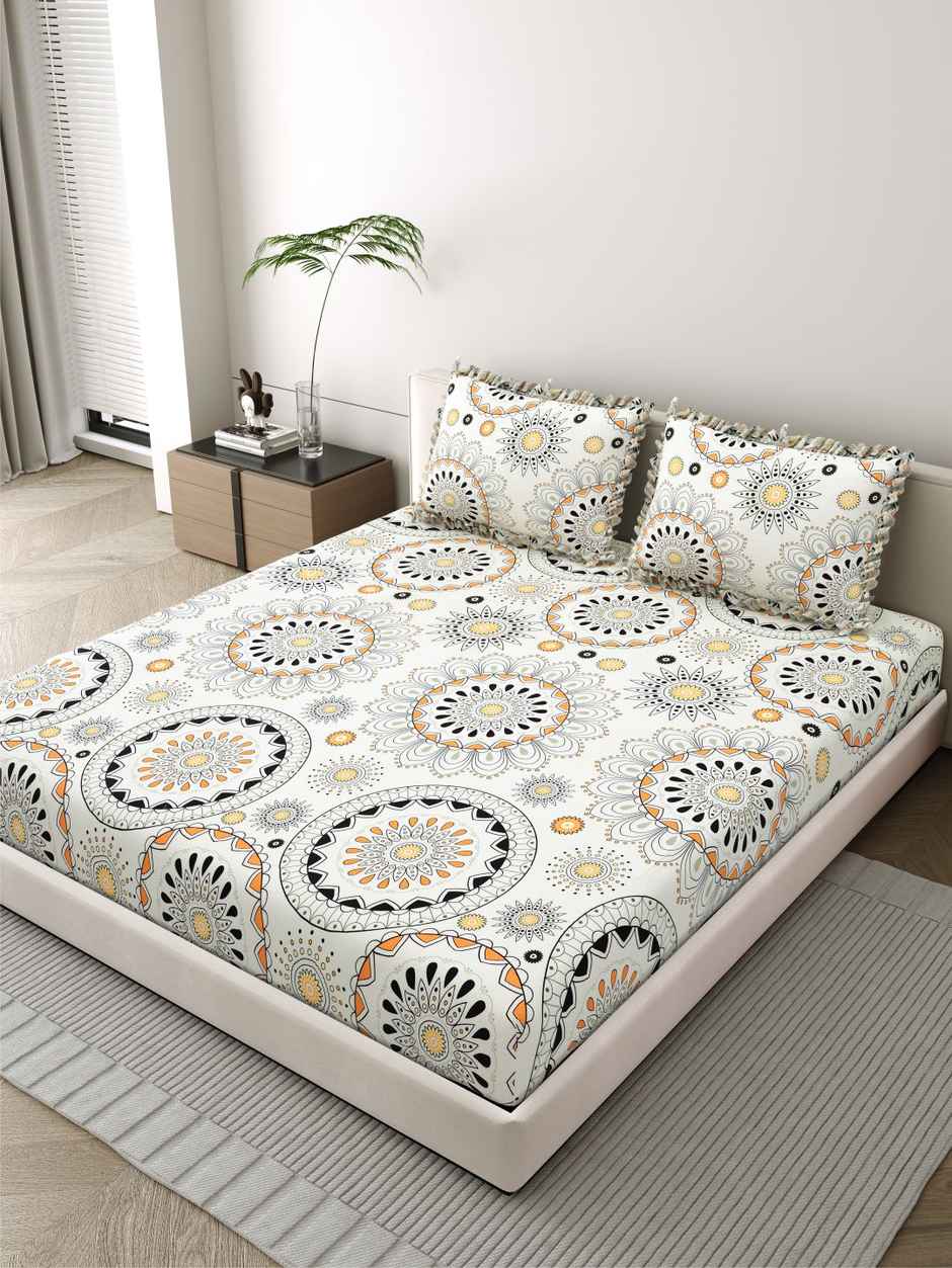 DREAM WEAVERZ Elastic Fitted Double Bedsheet | 2 Frill Pillow Covers | Polycotton | Cream Yellow