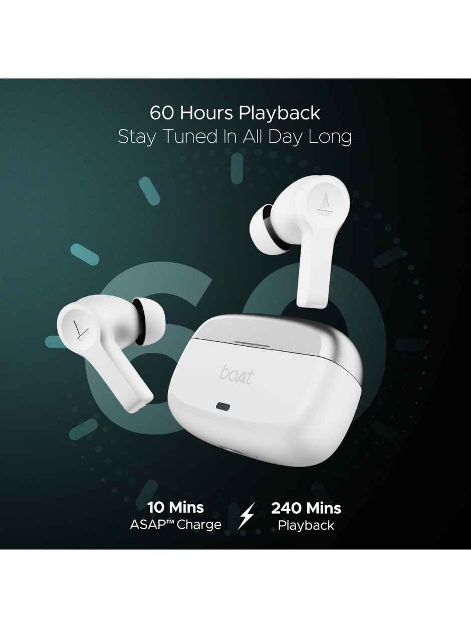 boAt Airdopes Flex 454 ANC TWS Earbuds with mic, 60Hrs Battery, Active Noise Cancellation(32dB), App Support, 4Mics ENx, Fast Charge, v5.2 Bluetooth Earbuds - Zinc White
