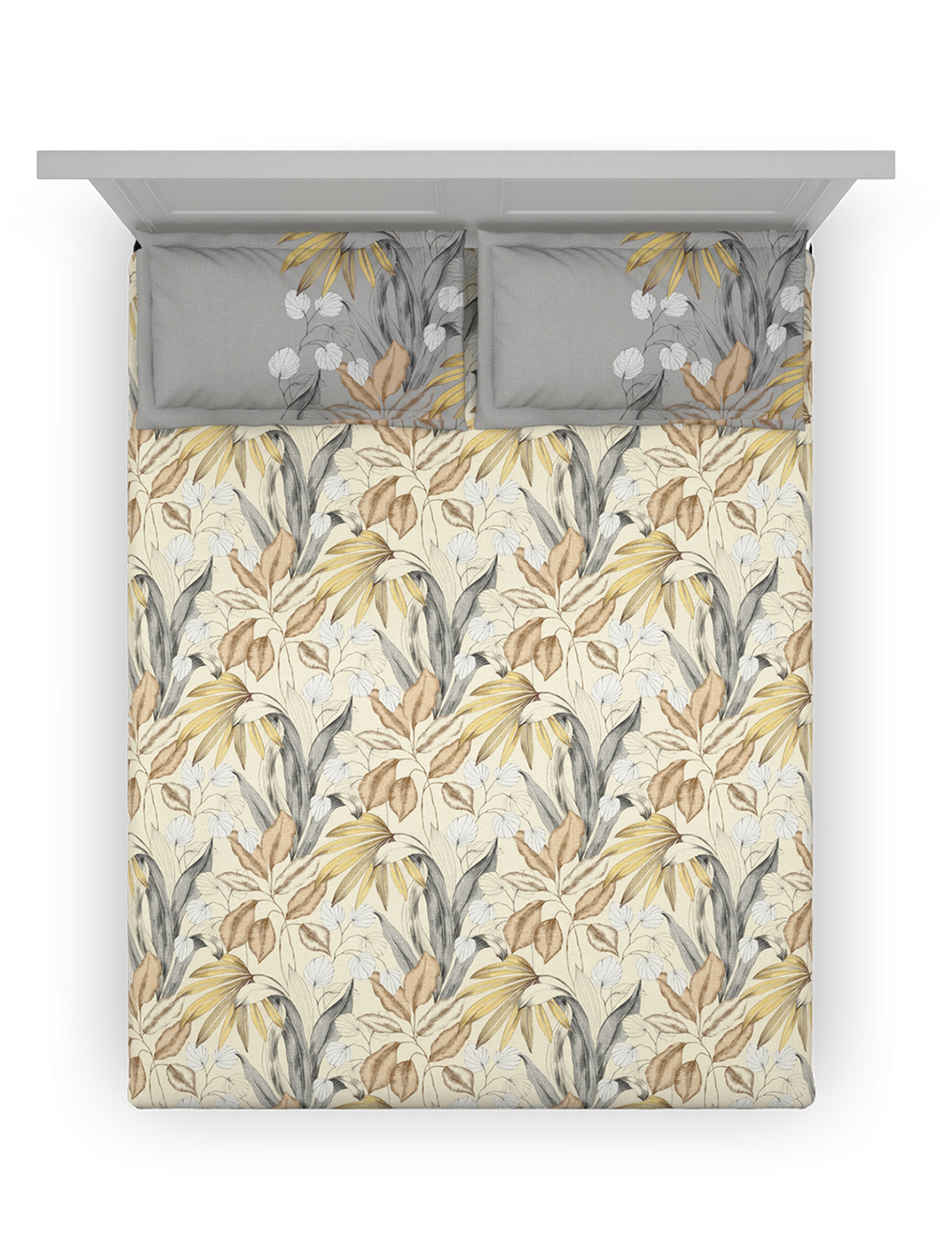 DDecor Cotton King Flat Bedsheet | 2 Pillow Covers | Yellow & Grey