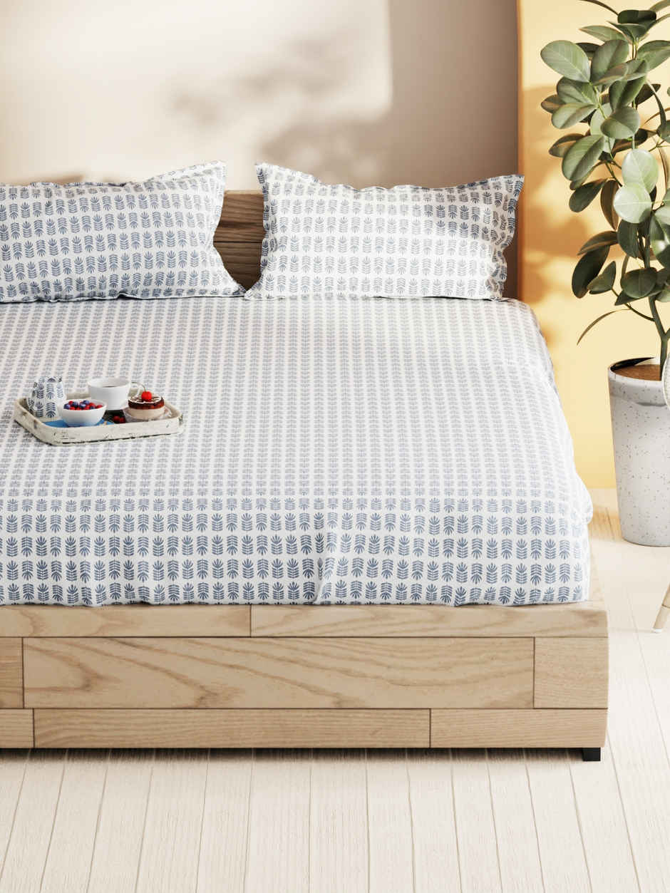 Bianca Soft 100% Natural Cotton Double Bedsheet With 2 Pillow Covers | Laquasa Floral |Indigo &Ecru