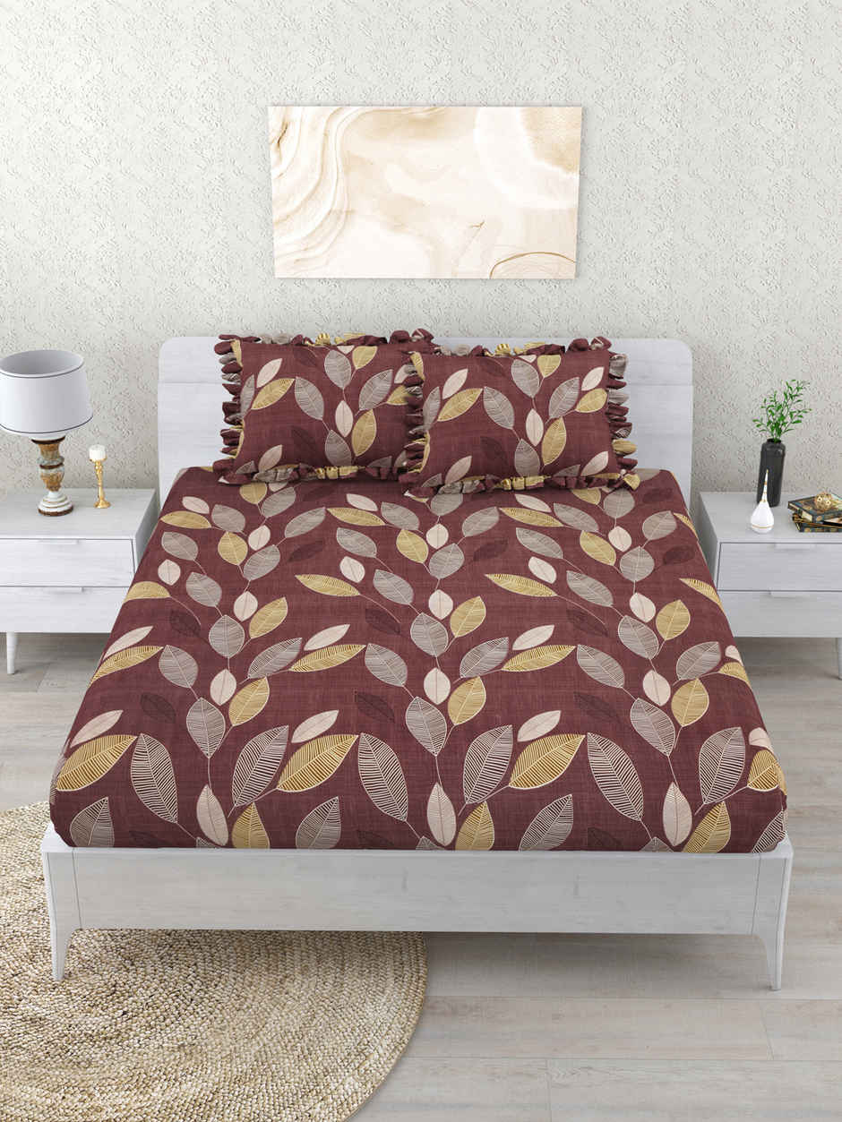DREAM WEAVERZ Elastic Fitted Double Bedsheet | 2 Frill Pillow Covers | Polycotton | Brownish Purple