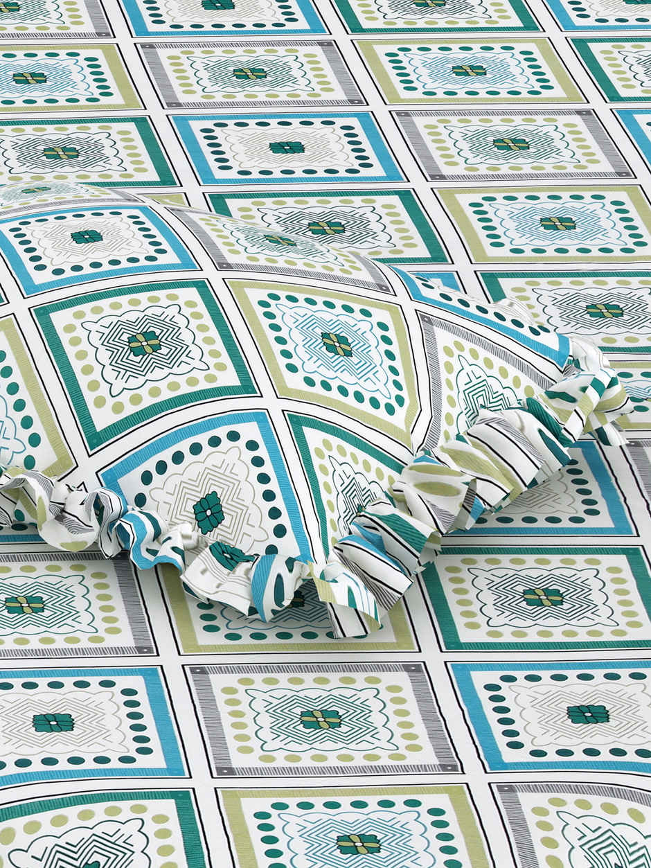 DREAM WEAVERZ Elastic Fitted Double Bedsheet | 2 Frill Pillow Covers | Polycotton | Green