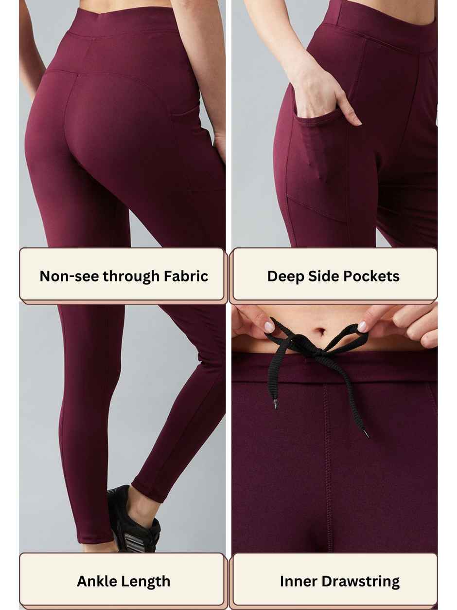 Blinkin Women's Gym Pants & Tights - Maroon | Stretchable | With Side Pockets | M