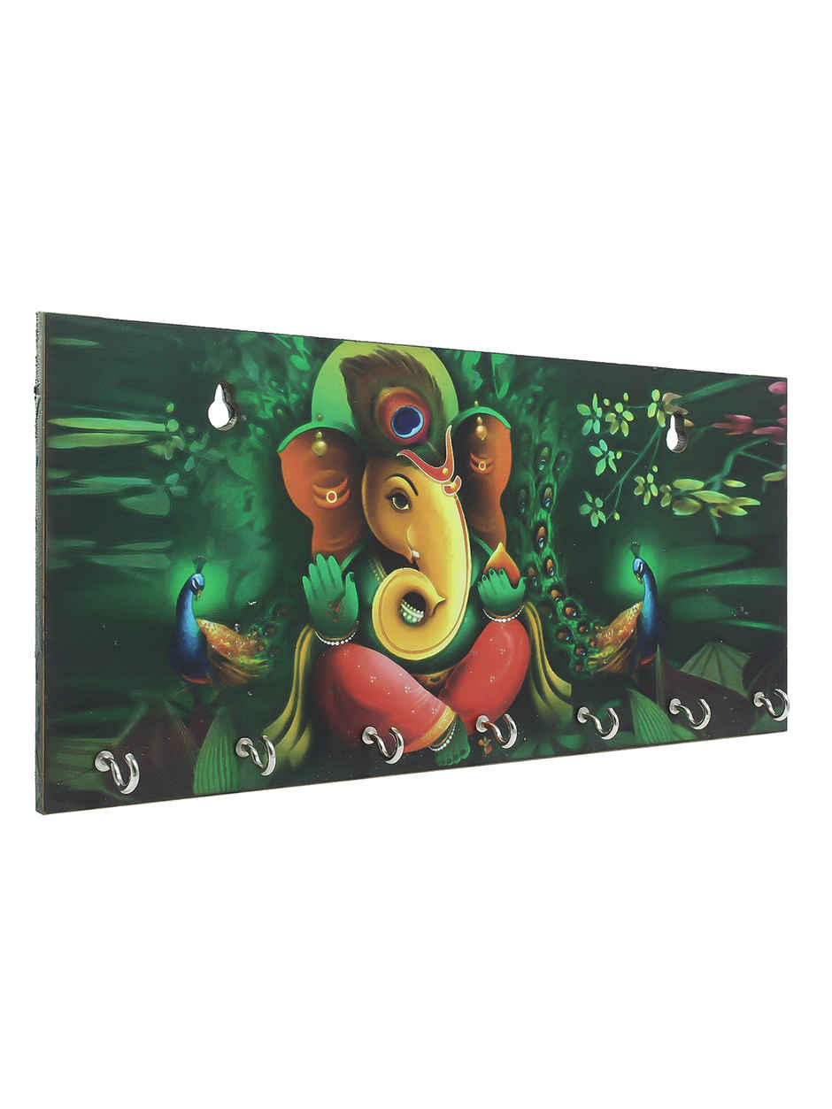 eCraftIndia Lord Ganesha With Peacock Designer Wooden Key Holder With 7 Hooks For Wall