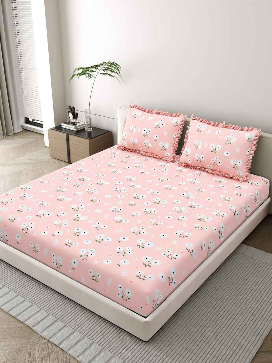 DREAM WEAVERZ Elastic Fitted Double Bedsheet | 2 Frill Pillow Covers | Polycotton | Baby Pink