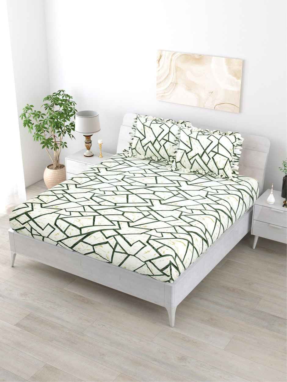 DREAM WEAVERZ Elastic Fitted Double Bedsheet with 2 Frill Pillow Covers | Cotton Blend | Cream Yellow