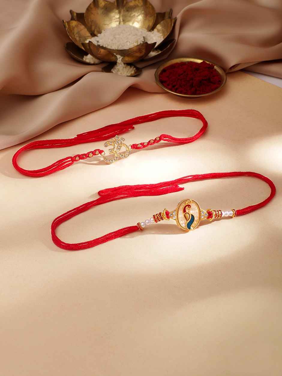 Rubans Gold Toned Set Of 2 Om And Peacock Motif Stone Studded Rakhi - Elegant and Protective