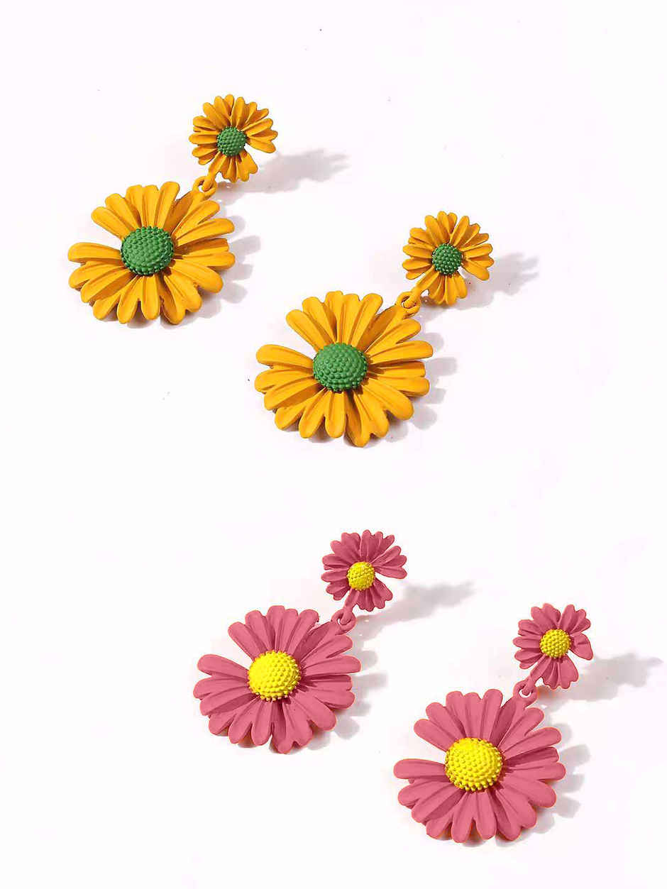Yellow Chimes Women Set Of 2 Pink & Yellow Floral Drop Earrings