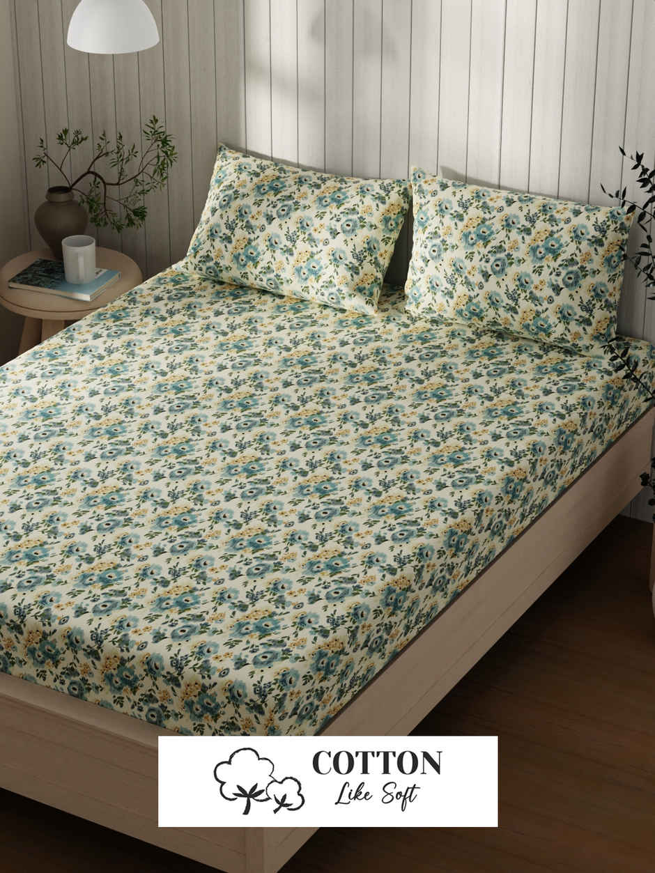 KOPA Extra Smooth Cotton Double Bedsheet With 2 Pillow Covers | Lopez Floral | Aqua & Multi