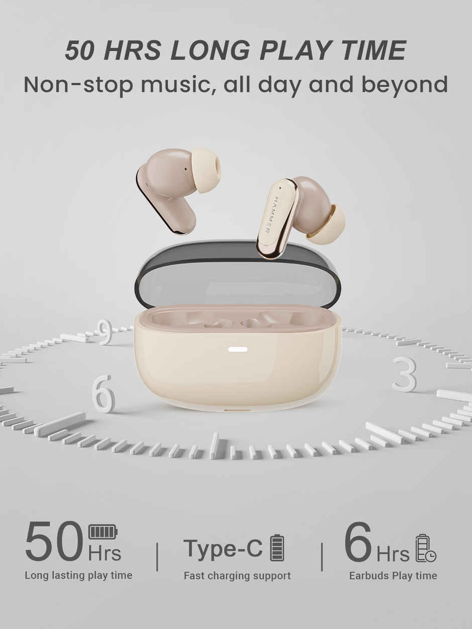 Hammer Aura Wireless Earbuds | 32dB ANC Noise Cancellation | TWS with 4-Mic ENC | Beige