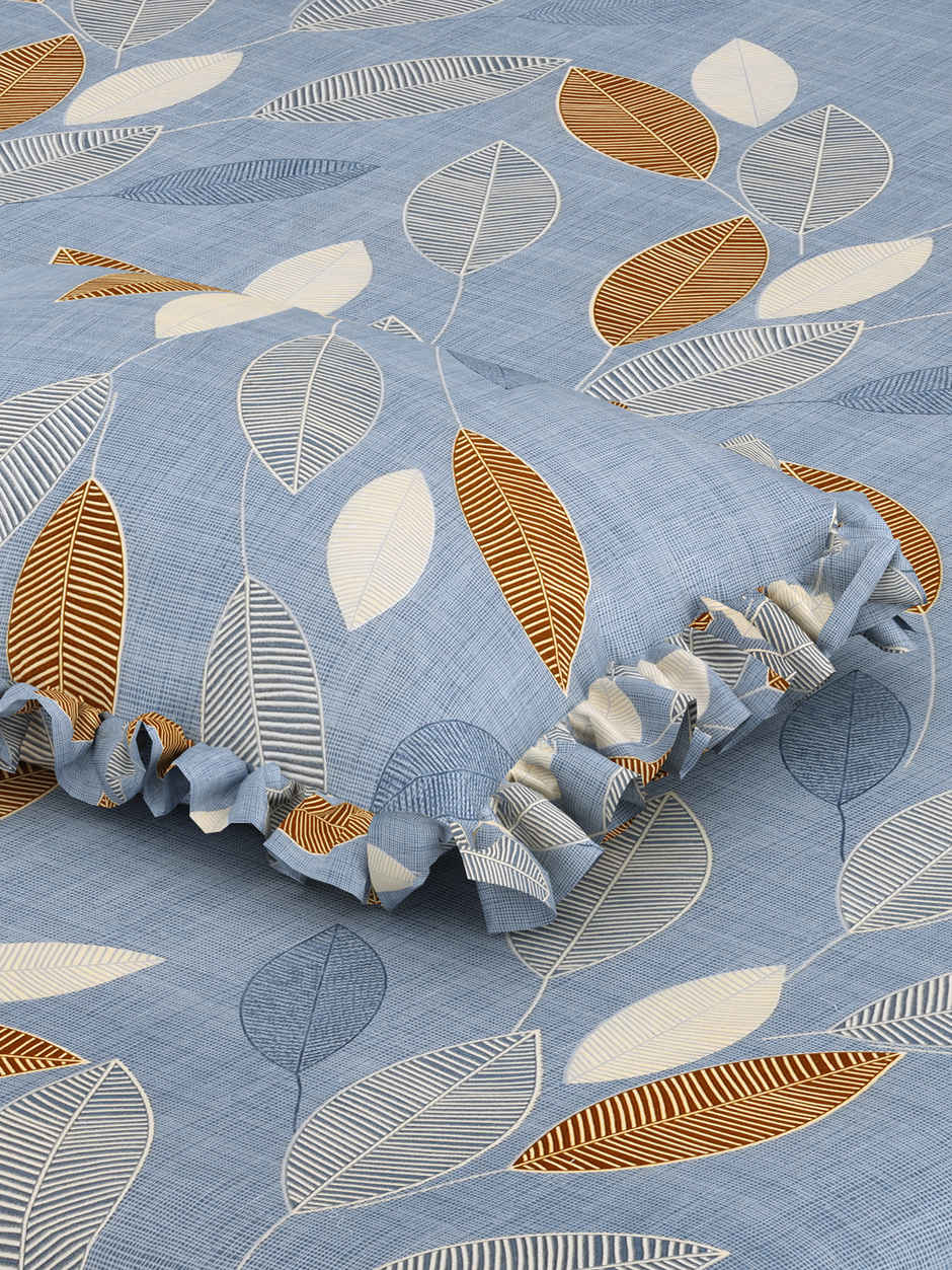DREAM WEAVERZ Elastic Fitted Double Bedsheet | 2 Frill Pillow Covers | Polycotton | Rock Blue