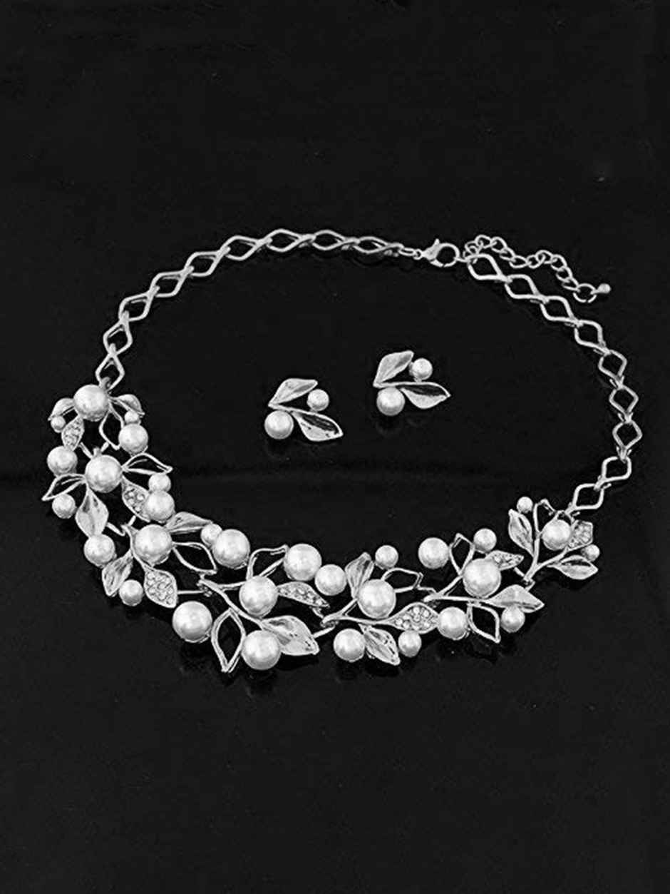 YouBella Silver Plated Pearl Studded Necklace with Earrings for Girls/Women (YBNK - 5677)