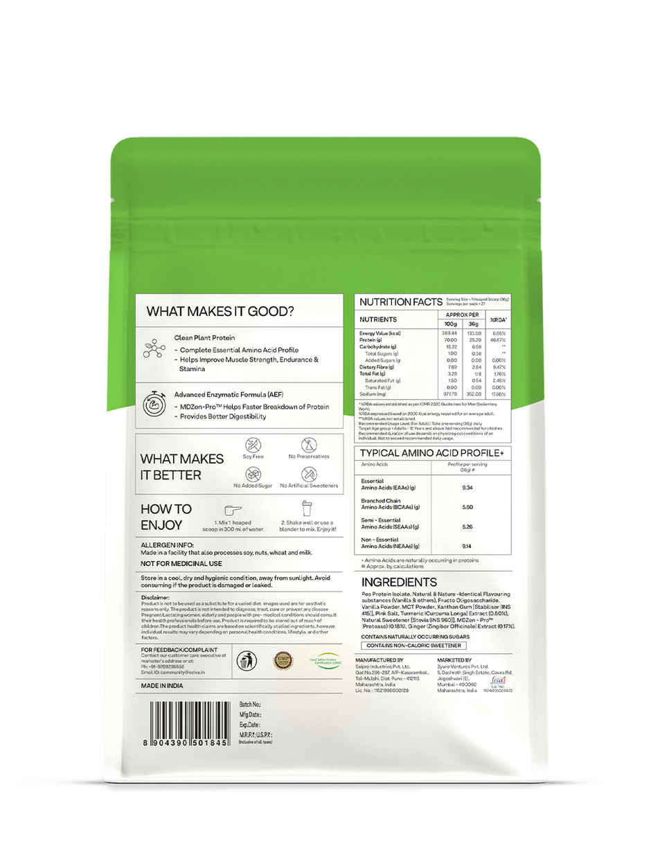 Oziva Bioactive Plant Protein Powder, 25g Protein | 5.5g Bcaa | Eaa | Sugar Free - Malabar Vanilla
