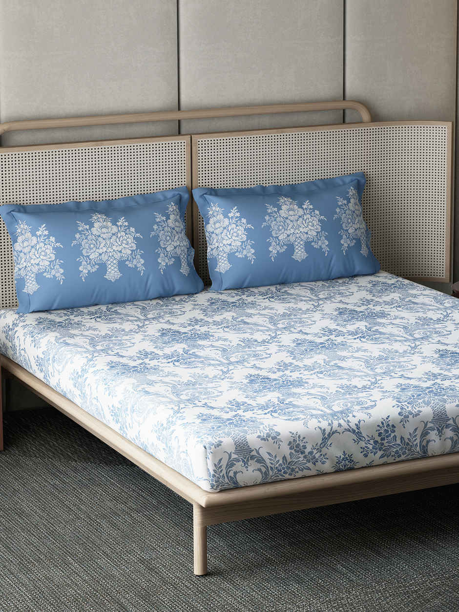 D'Decor Gifting Cotton Queen Flat Bedsheet | 145 TC Two Pillow Covers | Ethnic Blue