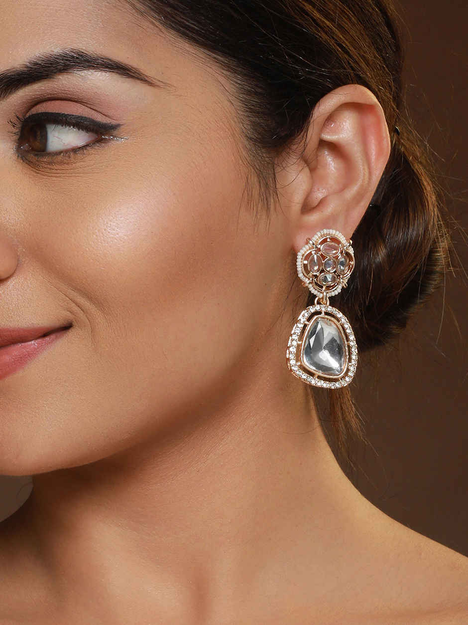 Priyaasi Floral Ad Studded Rose Gold-Plated Drop Earrings