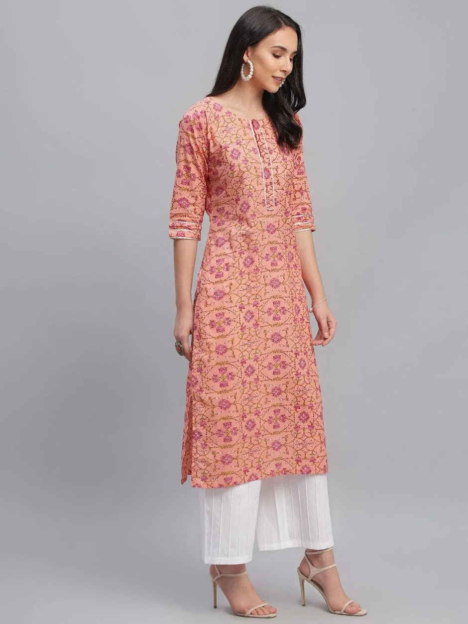 Libas Women Peach Cotton Straight Kurta - 9107FXL