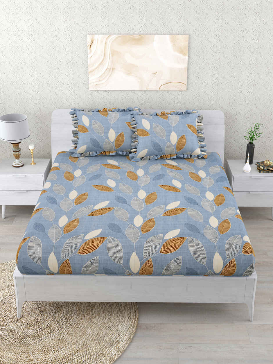 DREAM WEAVERZ Elastic Fitted Double Bedsheet | 2 Frill Pillow Covers | Polycotton | Rock Blue