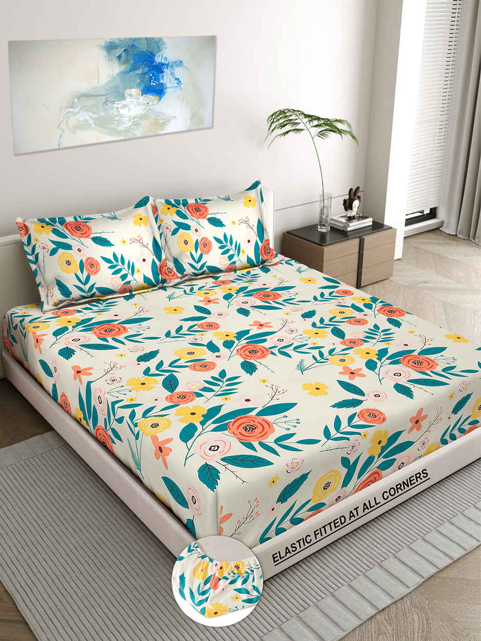 Status Imperial Corner Fitted Bedsheet | Coral Bloom & Teal | 198 x 182 cm