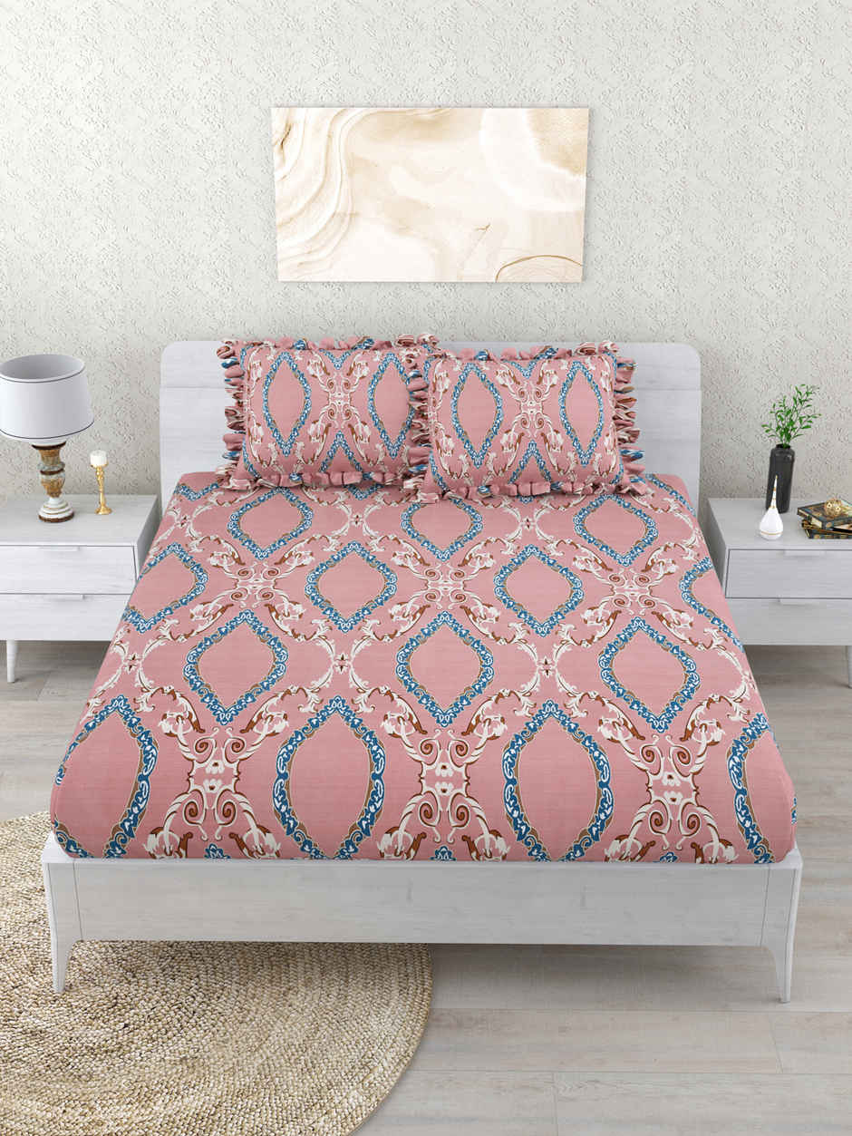 DREAM WEAVERZ Elastic Fitted Double Bedsheet | 2 Frill Pillow Covers | Polycotton | Pink