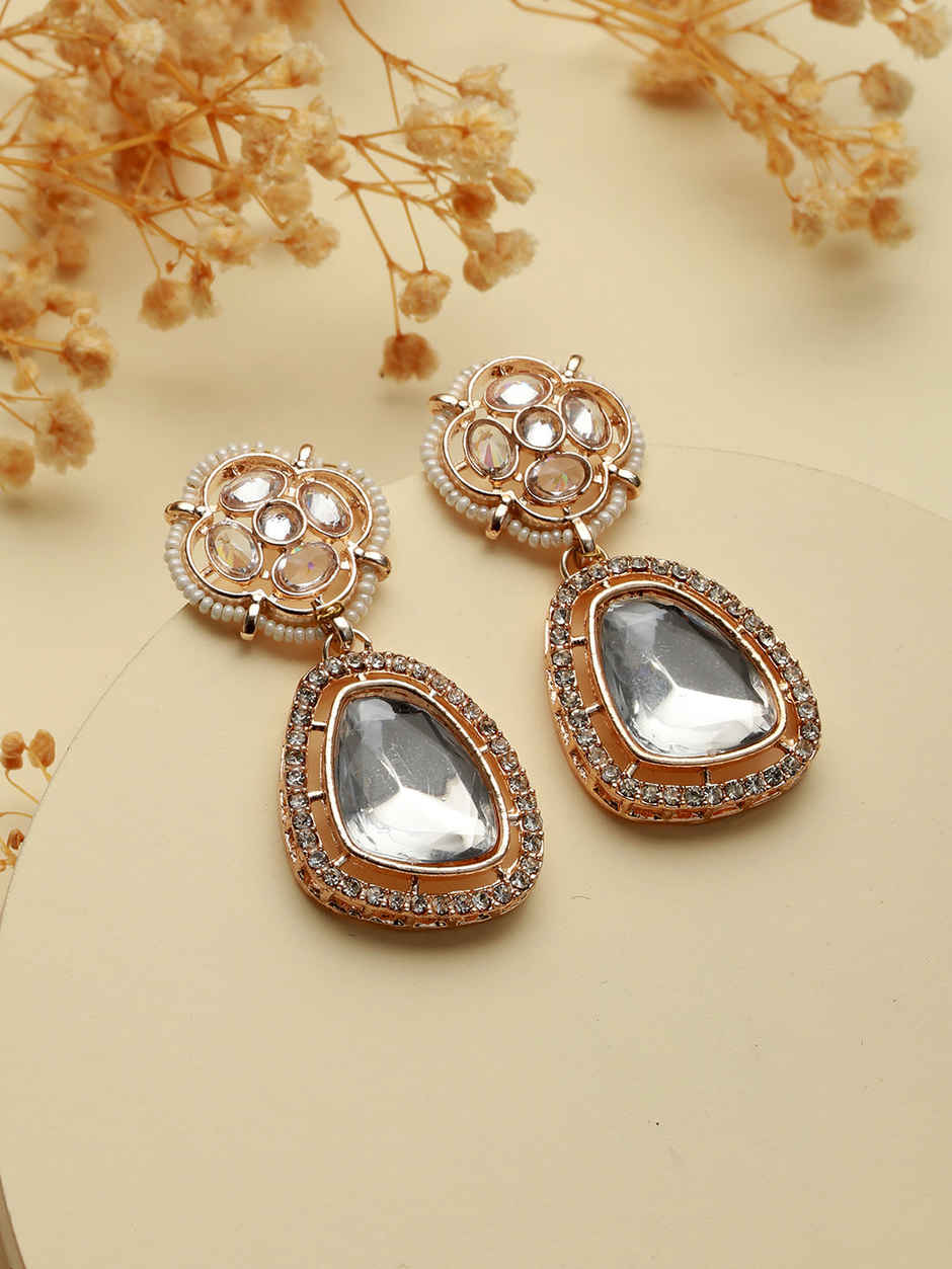 Priyaasi Floral Ad Studded Rose Gold-Plated Drop Earrings