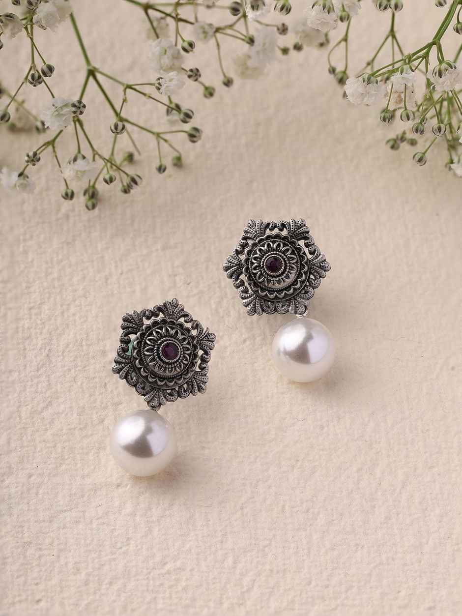 Priyaasi Silver oxidised stone studded drop earring for women