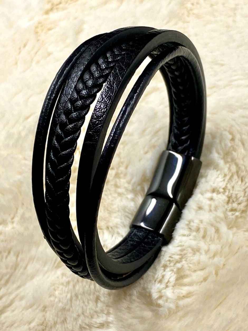 YouBella Bracelets for Men and Boys Black Leather Bracelet (YBBN - 92148)