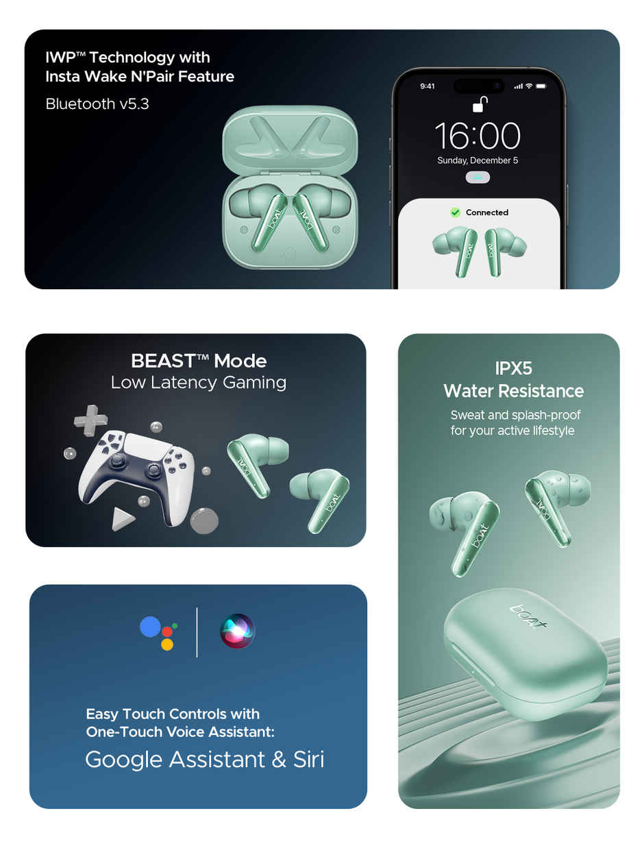 boAt Airdopes 280 ANC 32dB | 60Hrs | 13Mm Drivers | 4Mics Enx | Aquamarine Green