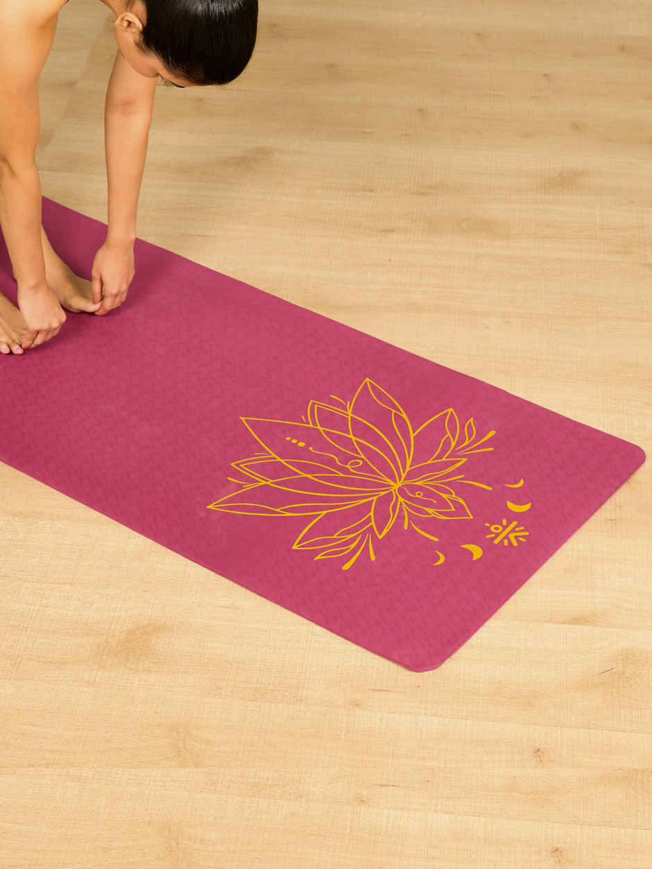 Cult Unisex TPE Yoga Mat | Lotus Print, With Bag & Strap | Purple - 6 mm