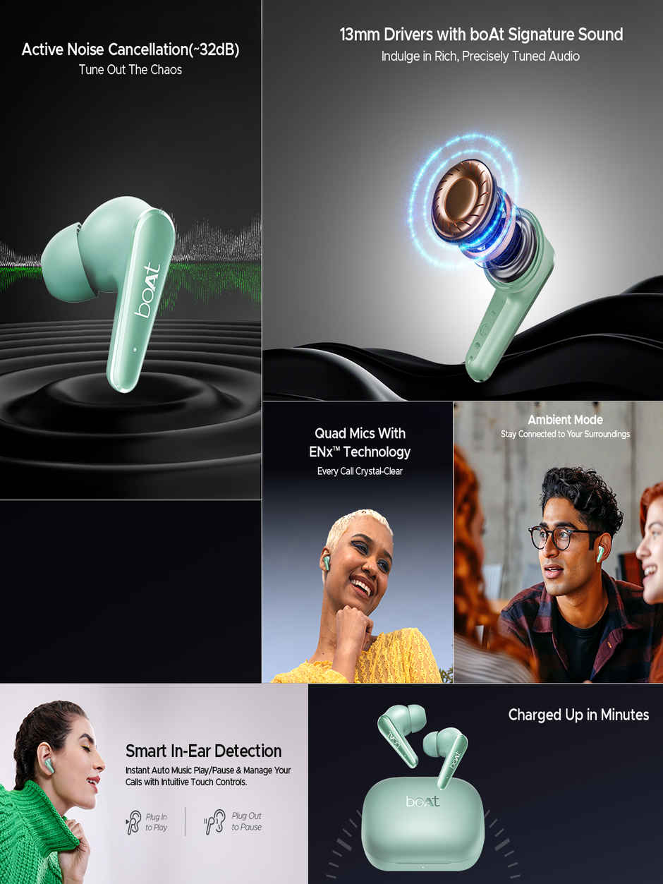 boAt Airdopes 280 ANC 32dB | 60Hrs | 13Mm Drivers | 4Mics Enx | Aquamarine Green