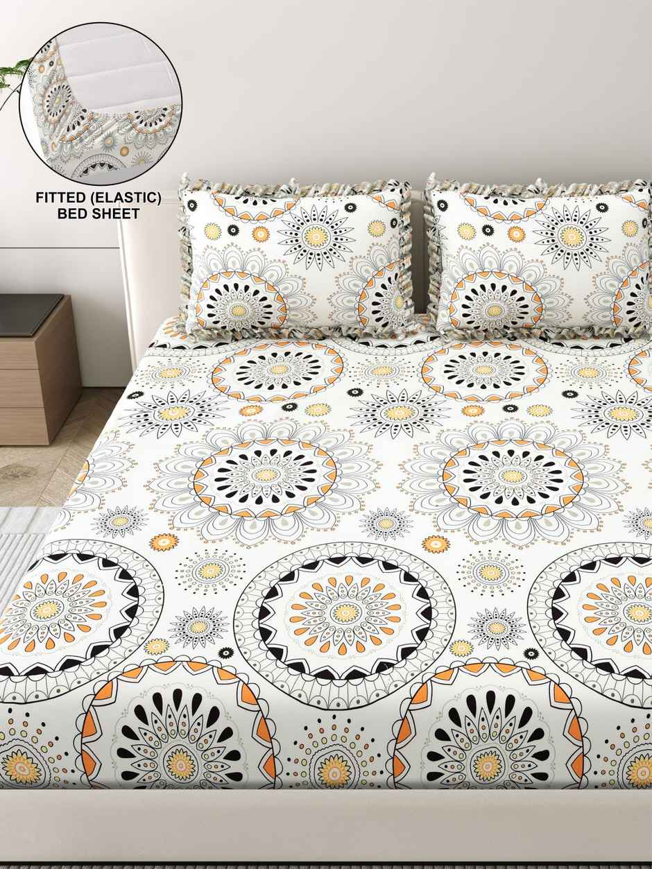 DREAM WEAVERZ Elastic Fitted Double Bedsheet | 2 Frill Pillow Covers | Polycotton | Cream Yellow