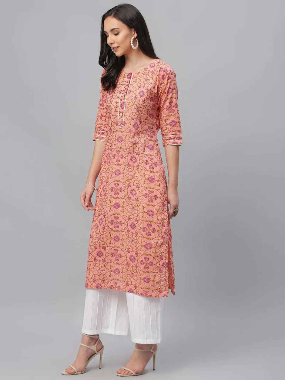 Libas Women Peach Cotton Straight Kurta - 9107FXL