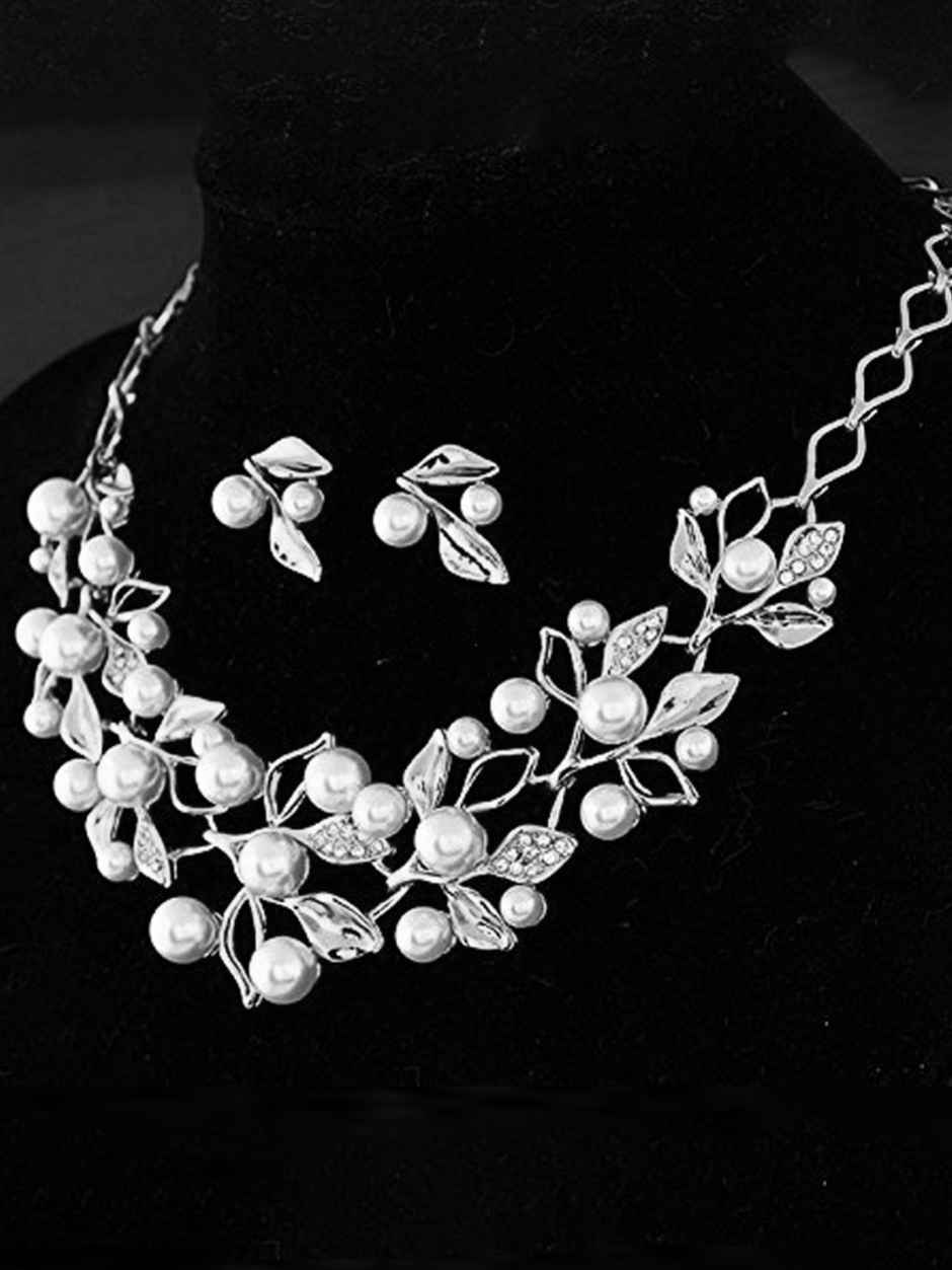 YouBella Silver Plated Pearl Studded Necklace with Earrings for Girls/Women (YBNK - 5677)