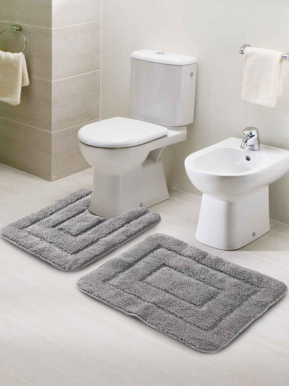 Saral Home Cotton Anti-Slip Bathmat & Contour Set | Grey - 45 x 60 cm & 45 x 50 cm